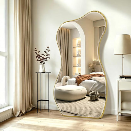 POZINO Irregular Beveled Mirror Full Length, 66.8"x33.5" Asymmetrical Aesthetic Wall Mirror with Metal Frame, Premium Organic Floor Mirrors for Living Room Entryway Cloakroom, Leaning/Wall-Mount