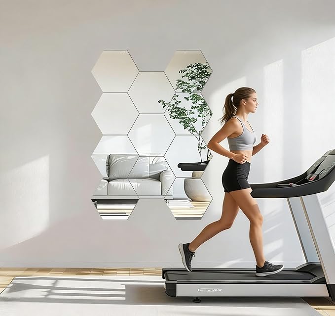 LXCREAT Hexagon Self Adhesive Stick on Mirror for Wall, Small Unbreakable Acrylic Mirrors Tiles 11.8x11.8 Inch 4PCS, Flexible Full Length Peel and Stick Mirror for Bathroom Gym Home Door Decor
