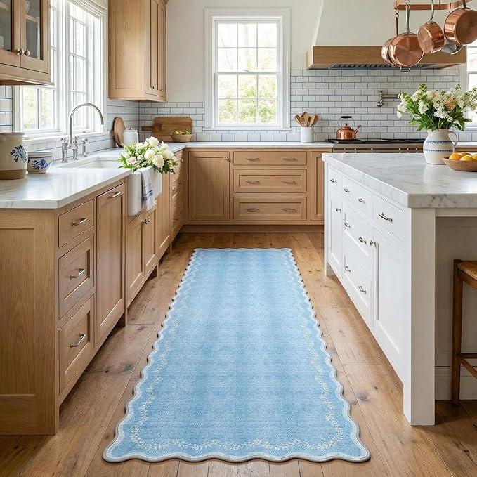 GarveeHome 2.6x10 Scalloped Washable Runner Rug for Kitchen, Soft Blue Long Hallway Runner Non Slip Entryway Rug Farmhouse Thin Laundry Mat Stain Resistant Carpet for Bathroom Beside Rug