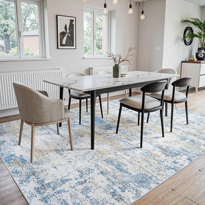 Area Rug 6x9 Living Room Rug Washable: No-Slip Abstract Soft Thin Large Blue White Gold-Beige Rugs, Indoor Floor Stain Resistant Modern Carpet for Bedroom Dining Room Farmhouse Nursery Home Office