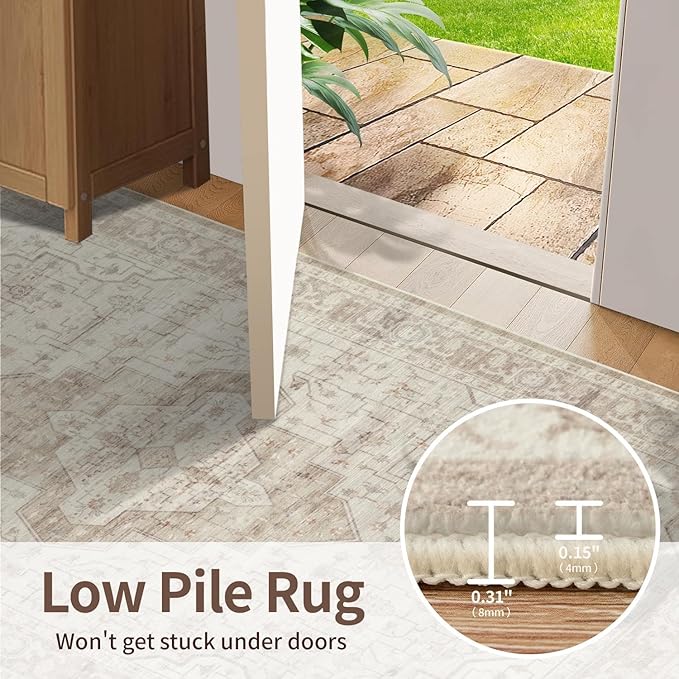 Rugxara Washable Area Rug for Living Room, Vintage Neutral Boho Rugs for Office, Dining Room, Kids Room, Farmhouse, Durable Low Pile Non Slip Carpet for High Traffic Areas, Cream(4x6ft)