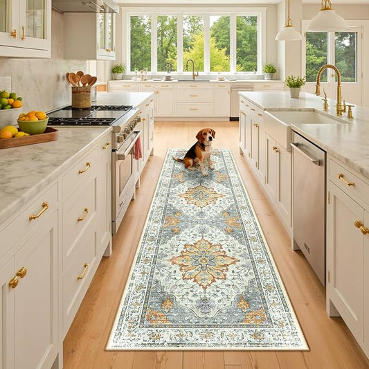 RELEANY Area Rugs 2'6"x8' Runner Rug Non Slip Washable for Kitchen Hallway Bedroom Beside Laundry Room Bathroom Rug, Floor Carpet, Light Yellow Carbon Grey Orange