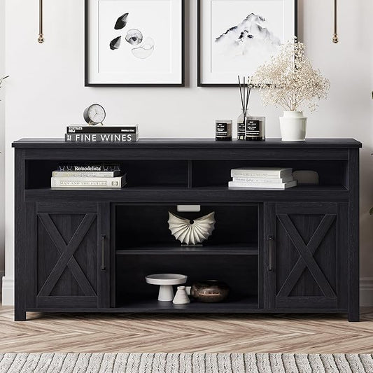 BELLEZE 58 Inch TV Stand, Contemporary Entertainment Center for TVs up to 65", Wood Media Console Table with Two Open Shelves and Barn Door Cabinets - Corin (Rustic Grey)