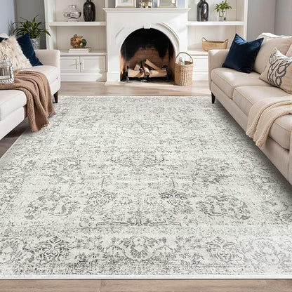 Rugxara 8x10 Washable Area Rug for Living Room, Extra Large Neutral Vintage Boho Rugs for Office, Kids Room, Farmhouse, Durable Low Pile Non Slip Carpet for High Traffic Areas, Light Grey