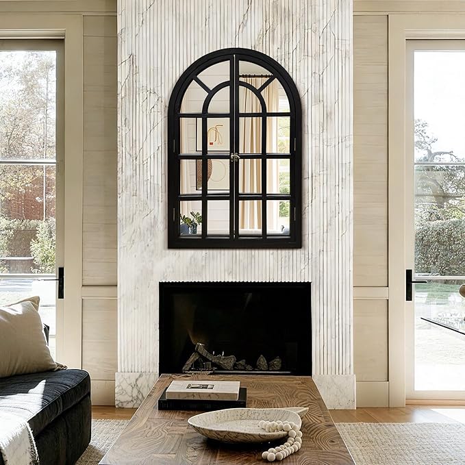 TRAHOME Arched Windowpane Mirror, 24"x36" Black Wood Frame Rustic Farmhouse Wall Mirror, Vintage Decorative Window Mirror for Living Room, Entryway, Bathroom
