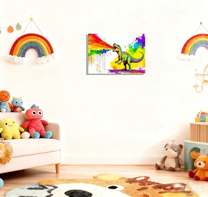 12x16 Graffiti T-Rex Dinosaur Spitting Rainbow Frie Wall Art Colorful Abstract Pop Canvas Prints Kids Room Decor Teen Boys Bedroom Rainbow Framed Wall Pictures Posters Funny Bathroom Animal Pictures