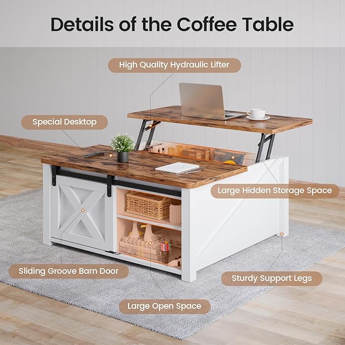 SEDETA 31.5" Lift Top Coffee Table with Storage, Square Coffee Tables for Living Room, Farmhouse Coffee Table with Large Hidden Storage Compartment and Adjustable Shelves, White