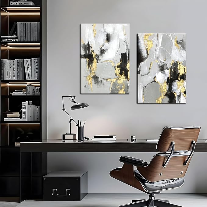Framed Abstract Black Gold Wall Art Set of 2, Modern Black White Gold Canvas Prints Poster Picture for Living Room, Bedroom and Office Wall Decor 16 x 24 Inch