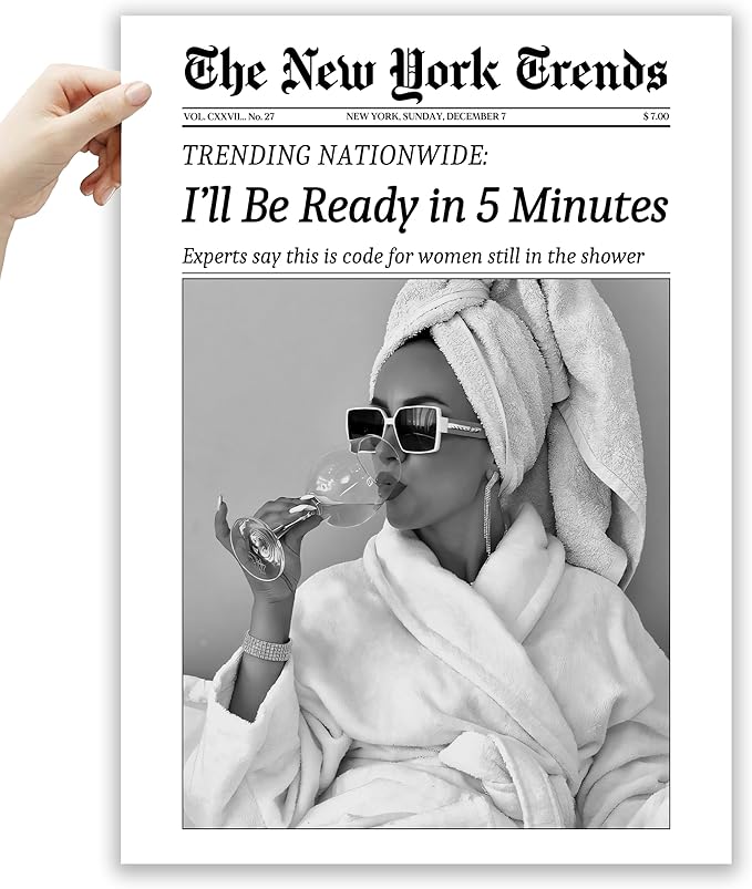 EcoHest Unframed 12x16 Canvas Wall Art, Newspaper I'll Be Ready in 5 Minutes Print, Feminist Makeup Home Decor, Retro Bathroom Decor, Set of 1 For Bedroom Living Room