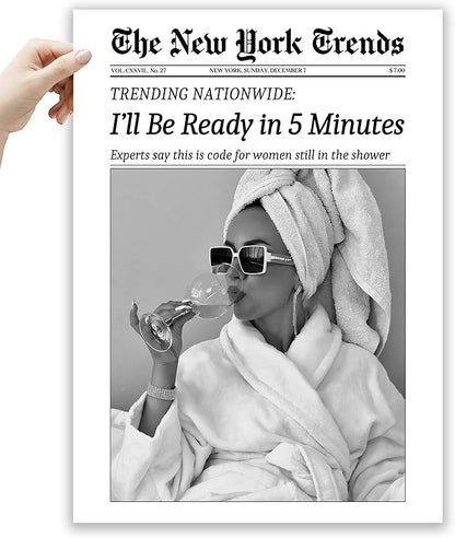 EcoHest Unframed 12x16 Canvas Wall Art, Newspaper I'll Be Ready in 5 Minutes Print, Feminist Makeup Home Decor, Retro Bathroom Decor, Set of 1 For Bedroom Living Room