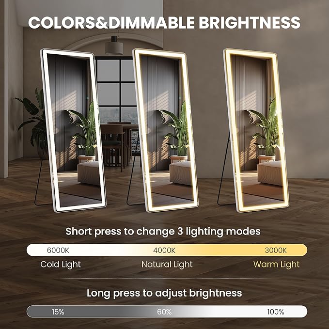 71" x 26" Arched Full Length Mirror with LED Lights, Floor Mirror with Stand, Wall Mirror Full Length, Body Floor Mirror, Wall Mounted Mirror for Bedroom, Dimmable, Tempered Glass