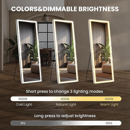 71" x 26" Arched Full Length Mirror with LED Lights, Floor Mirror with Stand, Wall Mirror Full Length, Body Floor Mirror, Wall Mounted Mirror for Bedroom, Dimmable, Tempered Glass