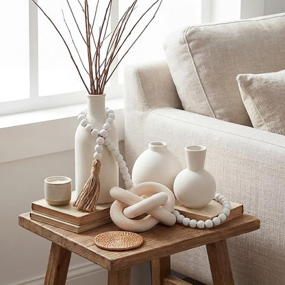 5 Pieces Country Style Ceramic Vase Set Table Centerpieces for Living Room 3 Pcs Bohemian Style Ceramic Vases with Wood Knot Chain Rings, Wooden Bead Garland Tassel Table Decor (White)