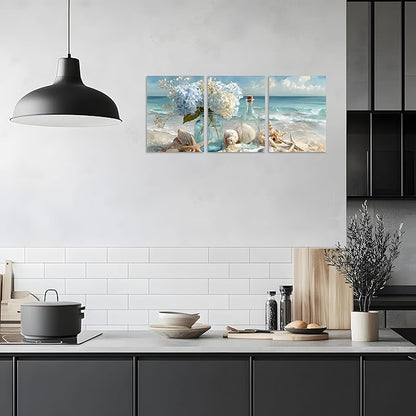 TutuBeer 3 Pcs Blue Ocean Beach Bathroom Canvas Wall Art Seaside Seashell Painting Print Artwork Starfish with White Flower Coastal Bathroom Canvas Wall Art for Living Room Bedroom Bathroom 12"x16"