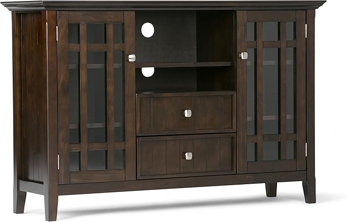 SIMPLIHOME Bedford TV Stand - 53 inch Wide Solid Wood Tall Media Console in Dark Tobacco Brown, Transitional Entertainment Center for Living Room for TVs up to 60 Inches with Cable Management