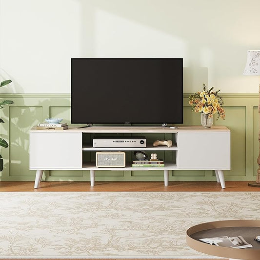 WLIVE Mid-Century Modern TV Stand for 65 70 Inch TV, Entertainment Center with Storage, Adjustable Shelves & Soft-Close, Media TV Console for Living Room/Bedroom, Greige White