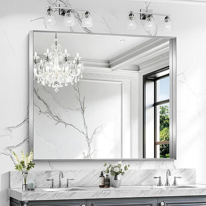 CIRCUMI Silver Bathroom Mirror, 40"x48" Rectangular Mirror with Deep Metal Frame, Brushed Finish, Tempered Glass, Large Mirror for Wall, Over 2 Sinks, Installed Vertically/Horizontally, Crystal-Clear