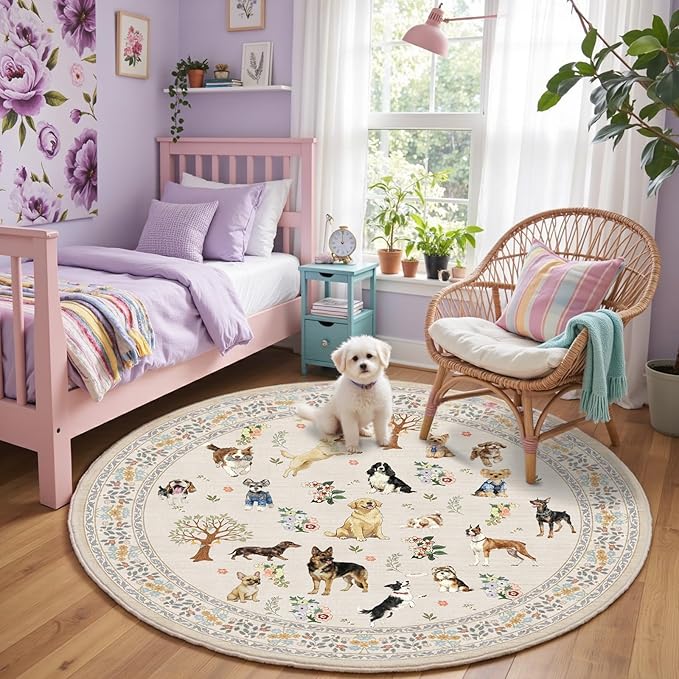 Beige 4Ft Round Area Rugs for Bedroom, Non-Slip Stain Resistant Round Kitchen Dog Rug, Modern Geometric Print Indoor Floor Circle Carpet for Entryway Living Room Sofa