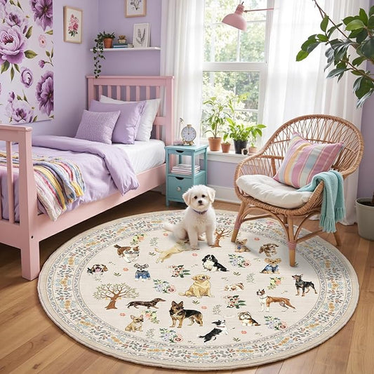 Beige 4Ft Round Area Rugs for Bedroom, Non-Slip Stain Resistant Round Kitchen Dog Rug, Modern Geometric Print Indoor Floor Circle Carpet for Entryway Living Room Sofa