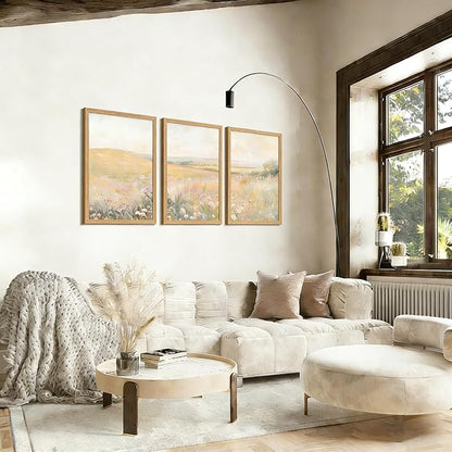 3Pcs Floral Landscape Canvas Wall Art French Country Painting Picture Wall Decor Vintage Country Wildflower Print Farmhouse Poster Artwork for Office Living Room Bedroom Home Decoration Unframed