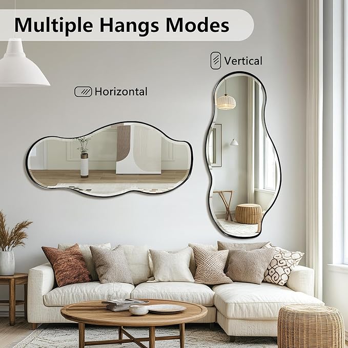 POZINO Irregular Beveled Mirror, 40"x18" Premium Bathroom Vanity Mirror with Metal Frame, Asymmetrical Organic Shaped Wall Mirrors for Living Room Bedroom Hallway Entryway, Horizontal/Vertical Hanging