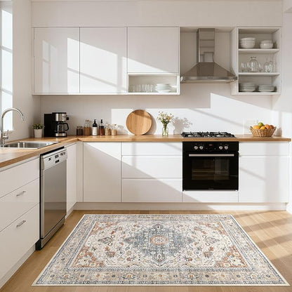 3X5 Rug Washable Area Rugs: Boho Neutral Vintage Soft Rugs Stain Resistant Distressed Farmhouse Non-Slip Indoor Floor Carpet for Entryway Closet Front Door Kitchen Bedroom Bedside Dorm- Beige Blue