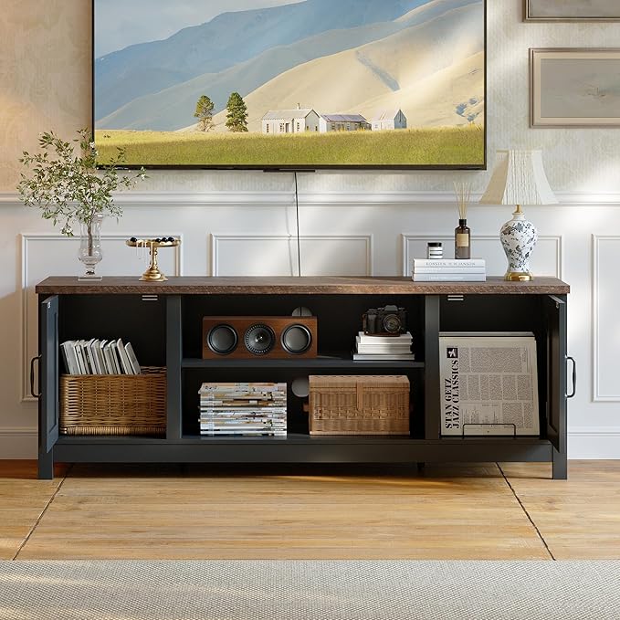 ChooChoo 54" Farmhouse TV Stand for TVs up to 65 inches, Entertainment Center with Storage Cabinets, Open Shelves and Fluted Door, TV Console Table for Living Room, Bedroom, Black