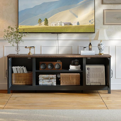 ChooChoo 54" Farmhouse TV Stand for TVs up to 65 inches, Entertainment Center with Storage Cabinets, Open Shelves and Fluted Door, TV Console Table for Living Room, Bedroom, Black