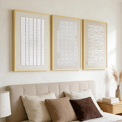 Thalasse 3D Textured Abstract Wall Art for Bedroom, 3 Piece Modern Minimalist Line Canvas Artwork for Walls, Beige White Framed Pictures with Solid Wood for Living Room Decor, 16x24 In