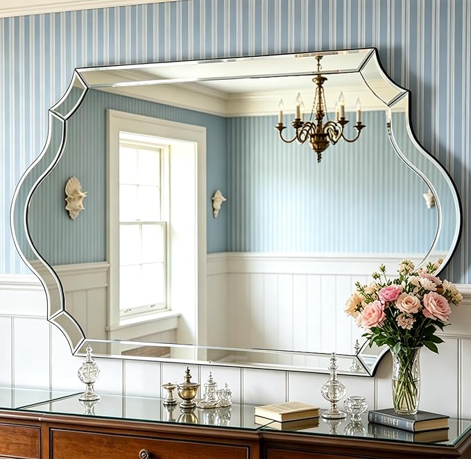 Chende 32"x47" Scalloped Large Wall Mirror for Decor Living Room, Arched Decorative Mirror with Clear Glass Frame and Beveled Edge, Modern Vertical/Horizontal Hanging, Gifts for Girls