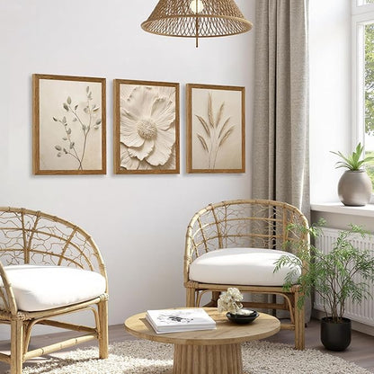 JLTULT 3 Piece Framed Neutral Beige Floral Canvas Wall Art, Modern Simple Texture Blossom Wall Decor, Vintage Botanical Flower Art Prints for Living Room Bedroom Farmhouse 12x16 inch Ready to Hang
