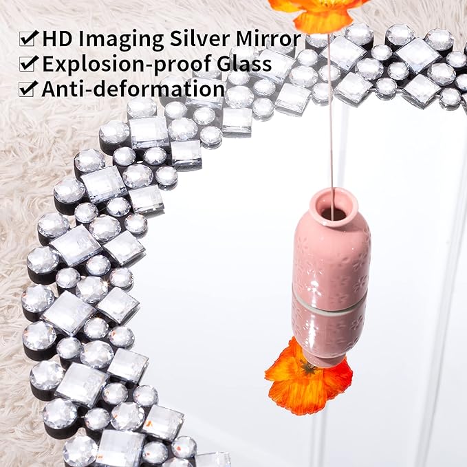 SHYFOY Crystral Round Mirror for Wall Decor,24" Large Wall Mirrors with Luxury Jeweled Decorative Mirror Circle Accent Mirrors for Living Room Bathroom Bedroom Fireplace Decor