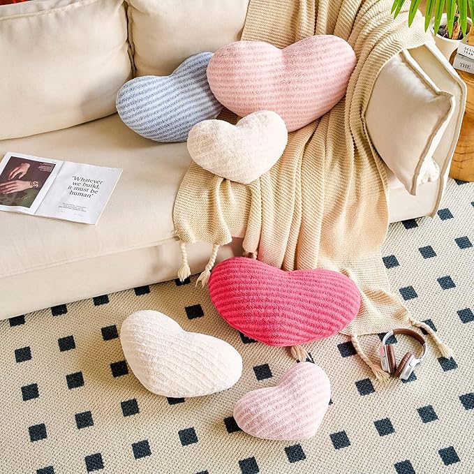 XVTRU Dusty Pink Heart Pillows, 12.9" Cute Heart Decorative Pillow, Stripe Heart Shaped Plush Throw Pillows for Bed
