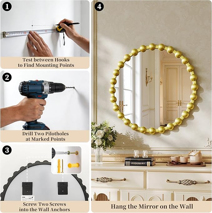 Round Vanity Mirror for Wall, 24 Inch Beaded Frame Circle Mirror for Bathroom, Bedroom Dresser, Entryway, Living Room, Decorative Hanging Wall Mirror, Gold