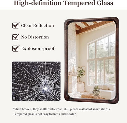 Tanmicoshomy Wood Bathroom Mirror 20 x 30 Inch, Solid Wood Framed Rectangle Mirrors with Tempered Glass for Living Room Bedroom or Entryway(Dark Brown)