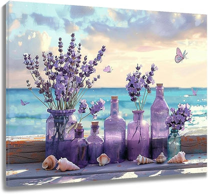LB Ocean Purple Lavender Wall Art Purple Flower in Vase with Butterfly Canvas Wall Art Blue Sky and White Cloud Wall Decor for Living Room Bedroom Bathroom Office Framed Ready to Hang 12L x 16W
