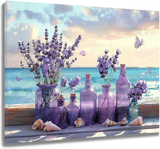 LB Ocean Purple Lavender Wall Art Coastal Beach Purple Flower with Butterfly Canvas Wall Art Blue Sky and White Cloud Wall Decor for Living Room Bedroom Bathroom Office Framed Ready to Hang 16L x 20W