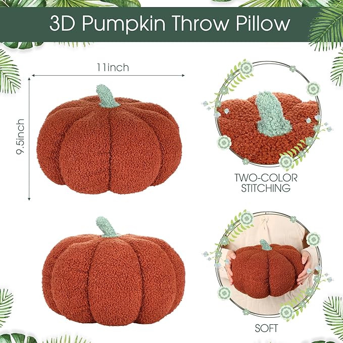 Kajaia 2 Pcs Simulated Pumpkin Plush Pillow 11 x 9.5 Inch 3D Cushion Fall Decorations Stuffed Throw Pillows Toy for Fall Halloween Thanksgiving Bedroom Sofa Couch Supplies (Yellow,Brown)