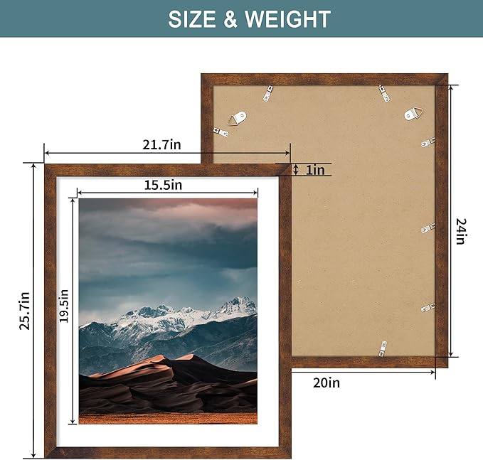 iRahmen 20x24 Poster Frame with 16x20 Mat - Plexiglass Wooden Picture Frames for Photo Wall Gallery Mounting (Dark Brown, Set of 2)