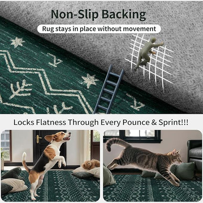 SERISSA 5x7 Area Rugs for Living Room, Washable Non-Slip Dark Green Boho Rug, Soft Low-Pile Geometric Indoor Large Carpet for Dining Room Bedroom Home Office Playroom