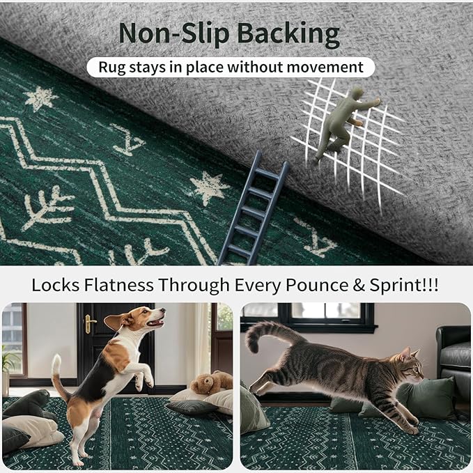 SERISSA 8x10 Area Rugs for Living Room, Washable Non-Slip Dark Green Boho Rug, Soft Low-Pile Geometric Indoor Large Carpet for Dining Room Bedroom Home Office Playroom