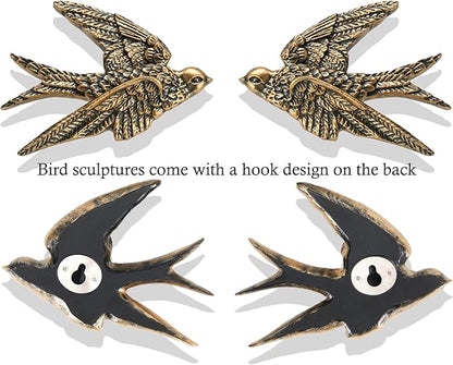 AMOIENSIS Bird Wall Sculpture Art, Set of 2, 4.75 Inch Resin Antique Gold Bird 3D Sculpted Floating Hanging Wall Decoration