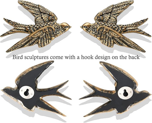 AMOIENSIS Bird Wall Sculpture Art, Set of 2, 4.75 Inch Resin Antique Gold Bird 3D Sculpted Floating Hanging Wall Decoration