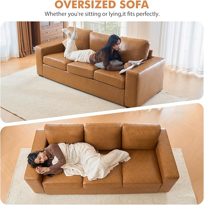 ELUCHANG 85" Luxury 3 Seater Sofa Couch for Living Room, Modern Upholstered Faux Leather Sofas Couches with Extra Deep Seats&Removable Cover, Comfy Sofa Couch for Apartment, Lounge, Brown, 2PCS