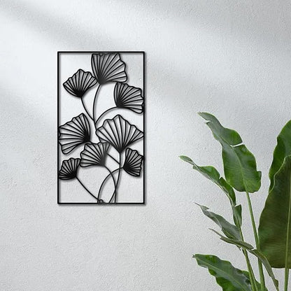 CREATCABIN Ginkgo Leaf Metal Wall Decor Black Leaves Wall Hanging Decor Iron Wall Art Minimalist Ginkgo Lines Silhouette Sculpture Decoration Sign Rectangle Frame for Yoga Garden Balcony 12x8 Inch