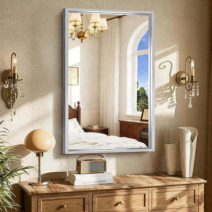 CIRCUMI 24"x40" Brushed Silver Mirror with Chunky Box Metal Frame, Bathroom Mirror for Vanity Remodel & New Home, Living Room, Entryway, Rectangular Wall Mirror, Tempered Glass, Vertical or Horizontal