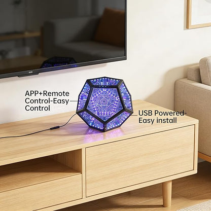 Extra Large Infinity Dodecahedron Light, 3D Infinity Mirror Light RGBW Color Changing, Music Sync, USB powered Night Lighting for Gaming Room Desk Decor, Birthday Christmas Gift for Men Boys Gamers