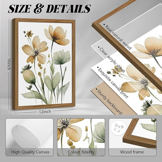 Sage Green Botanical Wall Art Boho Floral Wall Decor Minimalist Plant Canvas Pictures Flower Botanical Prints Watercolor Wildflower Poster Painting for Bathroom Bedroom 12x16x3 Inch Wood Frame