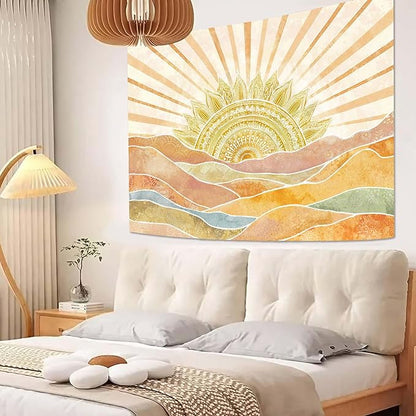Leeisysme Boho Sun Tapestry, Abstract Retro 70s Mountain Wall Art, Vintage Sunrise Tapestries for Bedroom Living Room Dorm Decor, Gold Yellow 60x80 inches