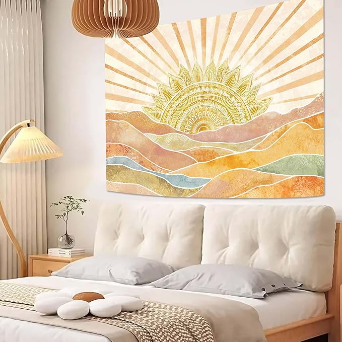 Leeisysme Boho Sun Tapestry, Abstract Retro 70s Mountain Wall Art, Vintage Sunrise Tapestries for Bedroom Living Room Dorm Decor, Gold Yellow 36x48 inches